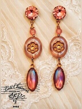 Victorian Milky Pink Opaline Flower In Three Tier Gold Plated Earrings